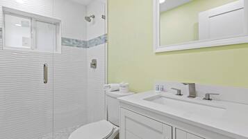Un baño con ducha, inodoro, lavabo y espejo.