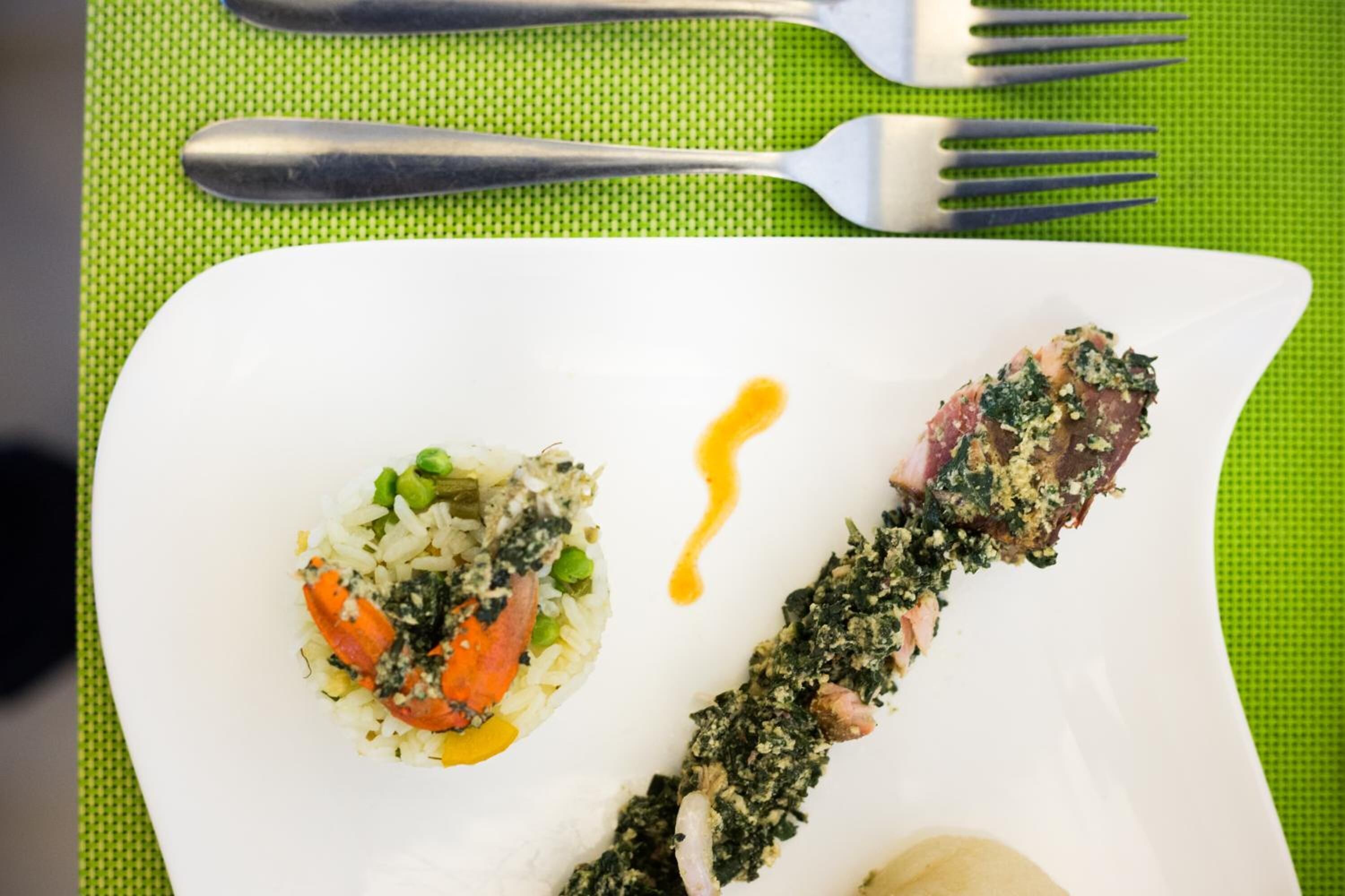 A white plate with a dish of rice and vegetables, and a piece of meat with a green topping.