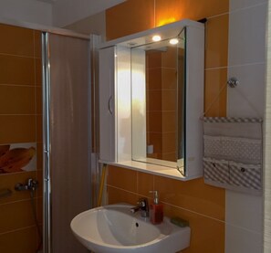 A bathroom with a white sink, a glass shower enclosure, and a mirror above the sink.