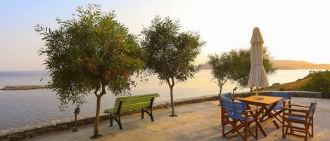 A seaside patio with a table and chairs, a bench, and two trees.
