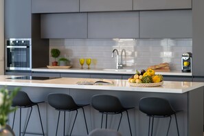 Superior Penthouse, 4 Bedrooms, Terrace, City View | Private kitchen | Full-size fridge, microwave, oven, stovetop - master Shenkin (Tel Aviv)