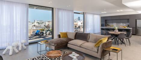 Superior Penthouse, 4 Bedrooms, Terrace, City View | Living area | 43-inch Smart TV with satellite channels, TV