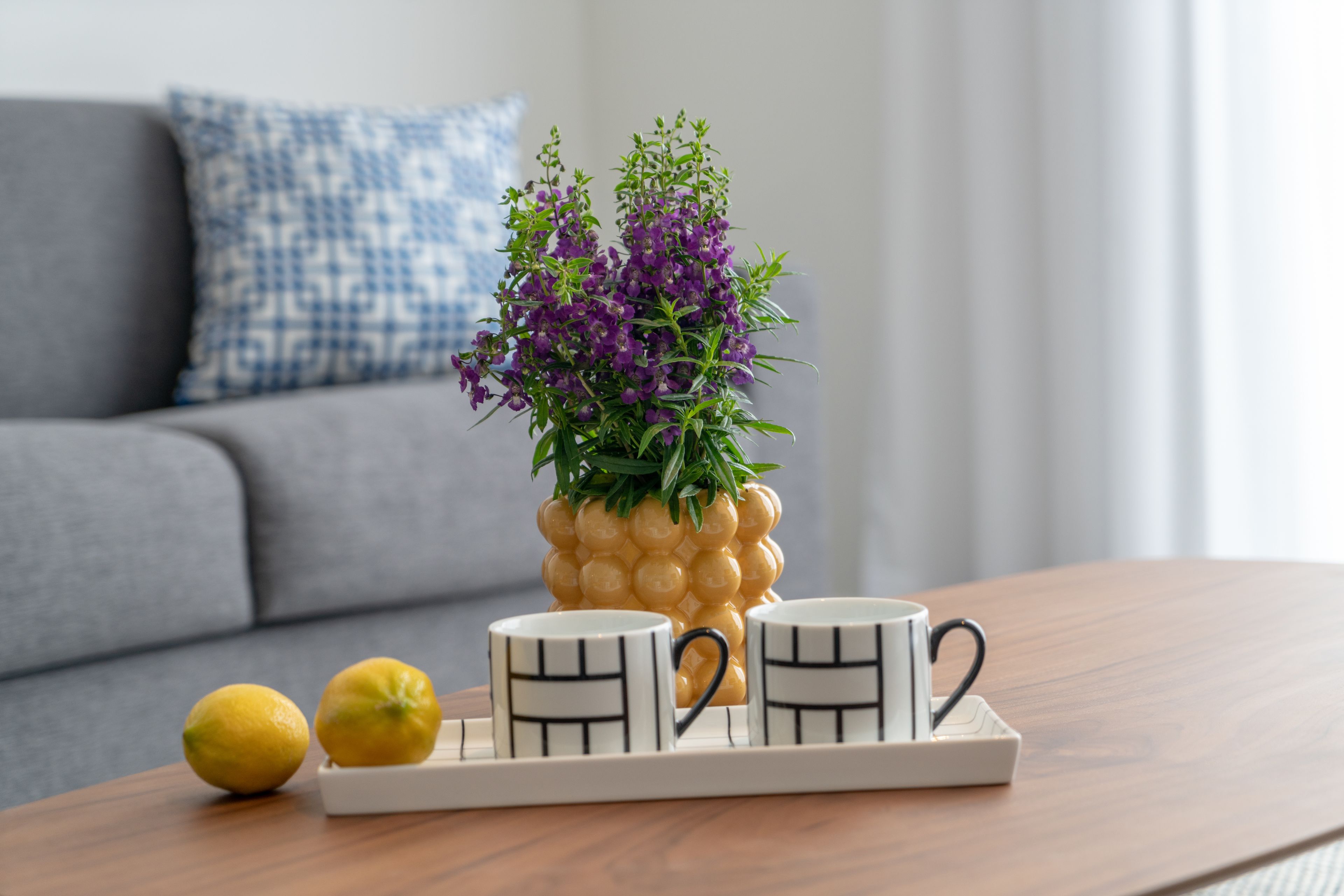 Un vassoio con due tazze e due limoni su un tavolo di legno, con una pianta ornamentale in un contenitore a forma di ananas sullo sfondo.