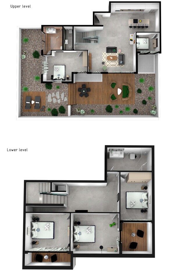 A two-level apartment layout with a kitchen, dining area, living room, and two bedrooms. - master Shenkin (Tel Aviv)