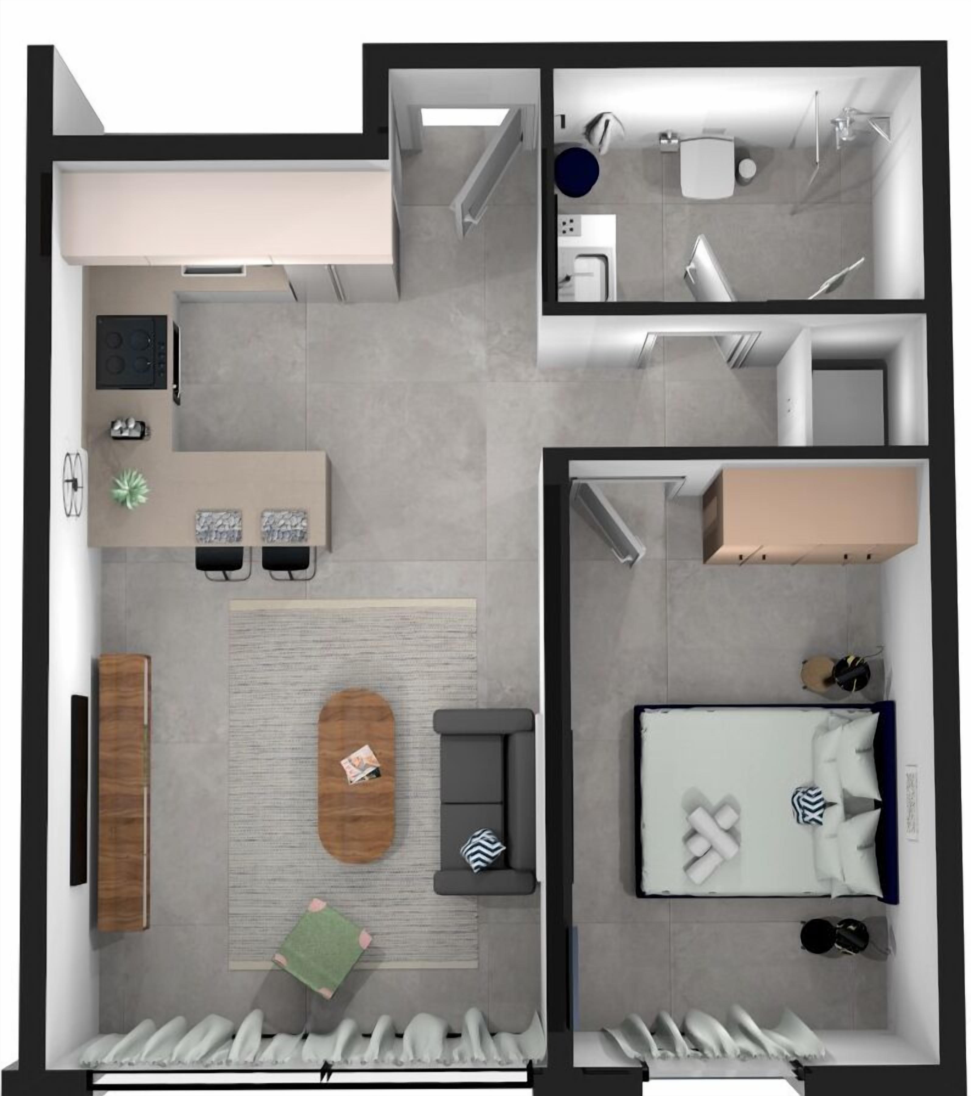 A 2-bedroom apartment layout with a kitchen, dining area, and a small living room.