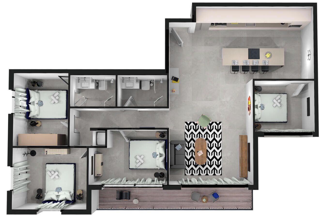Distribución de un hotel con varias habitaciones, comedor, cocina y sala de estar.