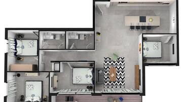 Distribución de un hotel con varias habitaciones, comedor, cocina y sala de estar.