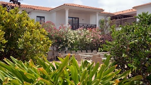 A courtyard with outdoor seating, surrounded by lush greenery and flowering plants. - Private Self-Catering Apartments (Sal)