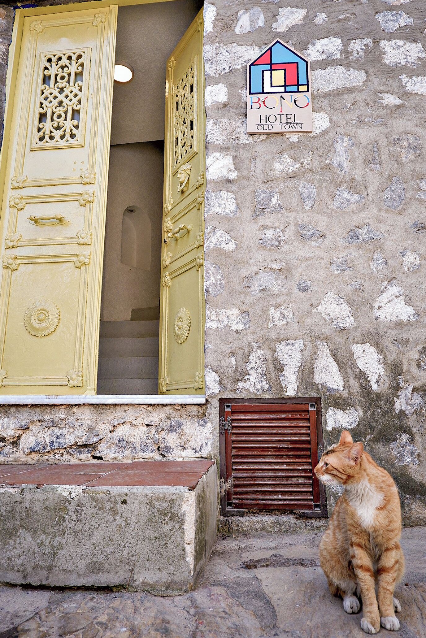 A yellow door with intricate designs, a stone wall, and a cat sitting on the ground.