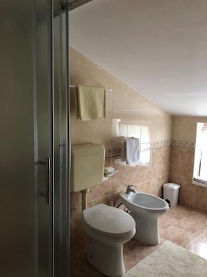 A bathroom with a toilet, bidet, and a glass shower enclosure. - Apartments Adriana (Tar-Vabriga)