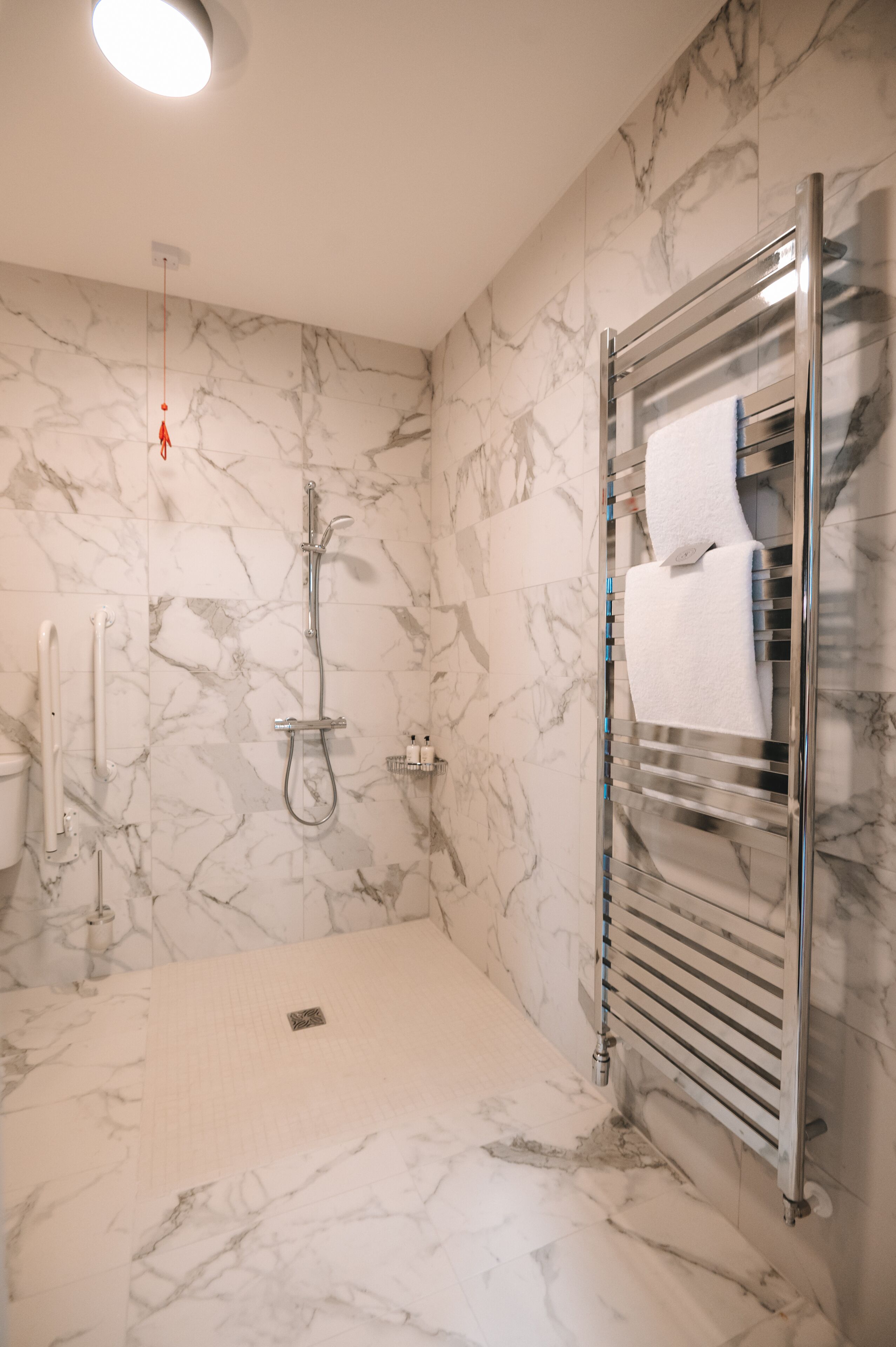 A bathroom with a shower, a towel rack, and a handrail.