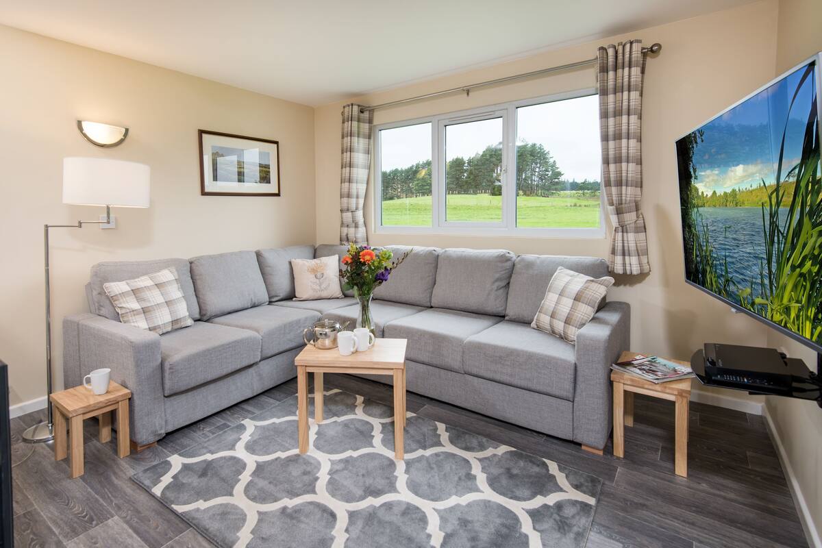 A modern living room with a grey sectional sofa, a small wooden coffee table, a floor lamp, and a large window with a view of a green landscape.