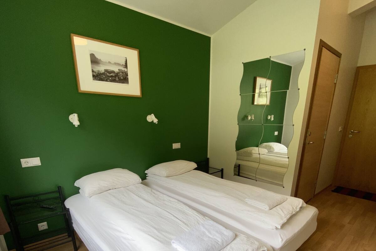 Ein Zimmer mit zwei Betten, grünen Wänden, Holzboden und einer Tür.