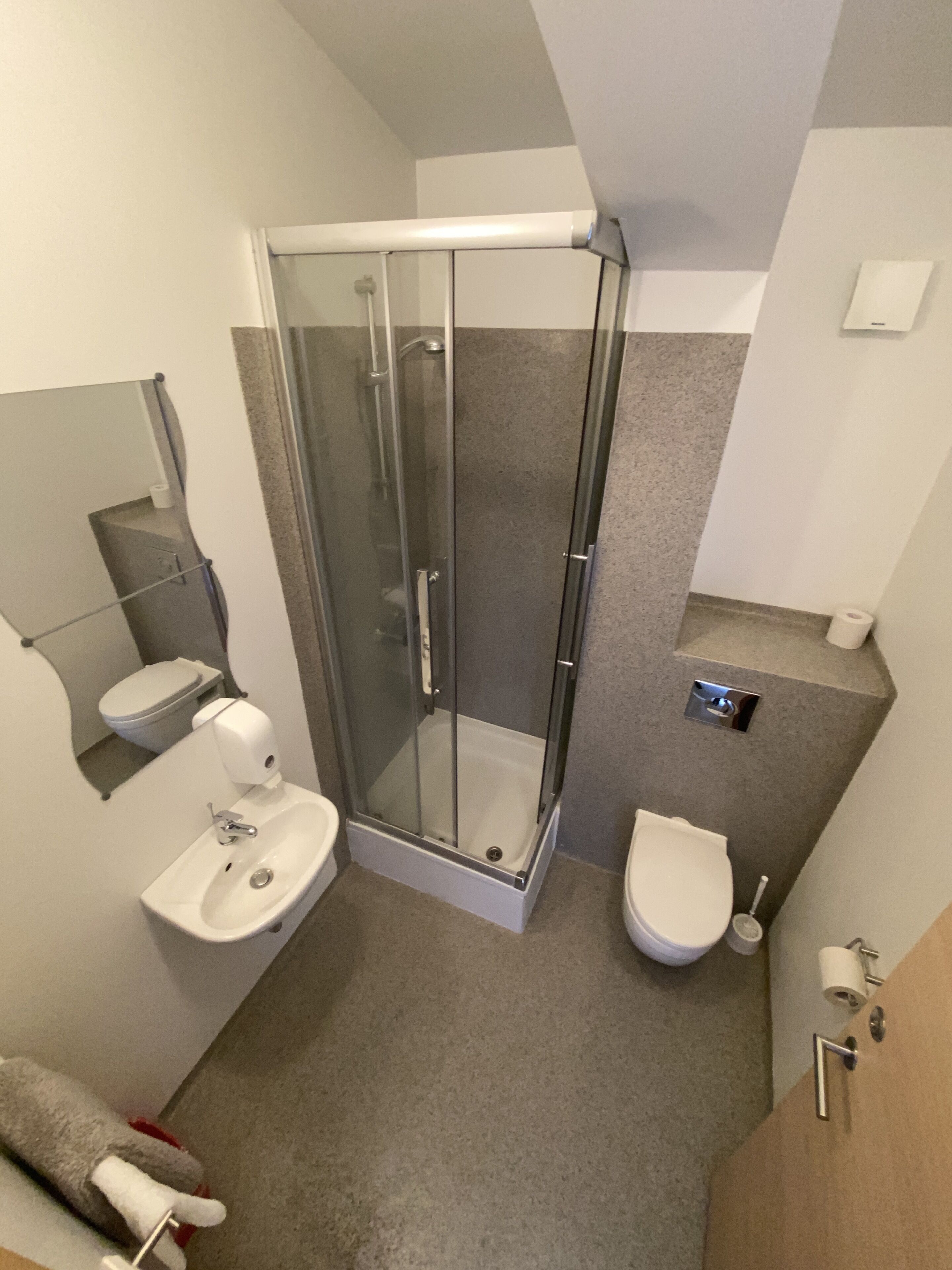 A modern bathroom with a glass-enclosed shower, a sink, and a toilet.