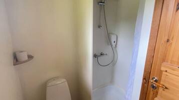 A small bathroom with a toilet, a shower, and a wooden door.