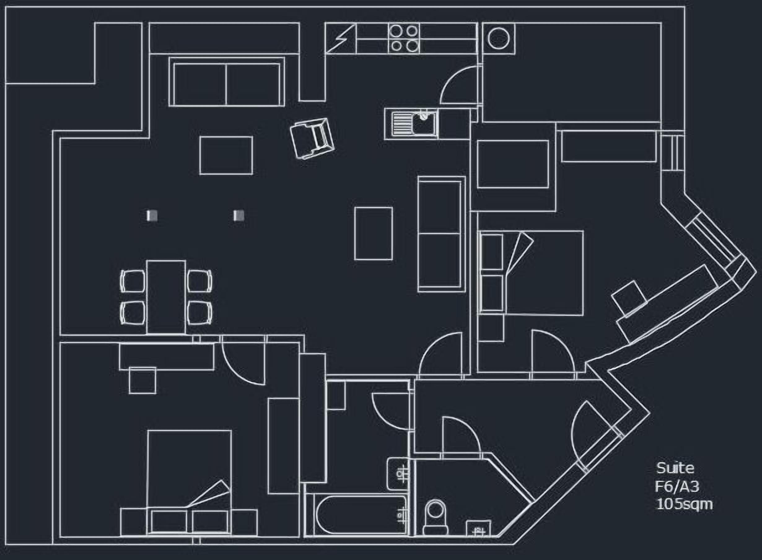 A floor plan of a suite labeled F6/A3, measuring 105sqm. It includes a kitchen area with appliances, a dining area with a table and chairs, and multiple bedrooms.