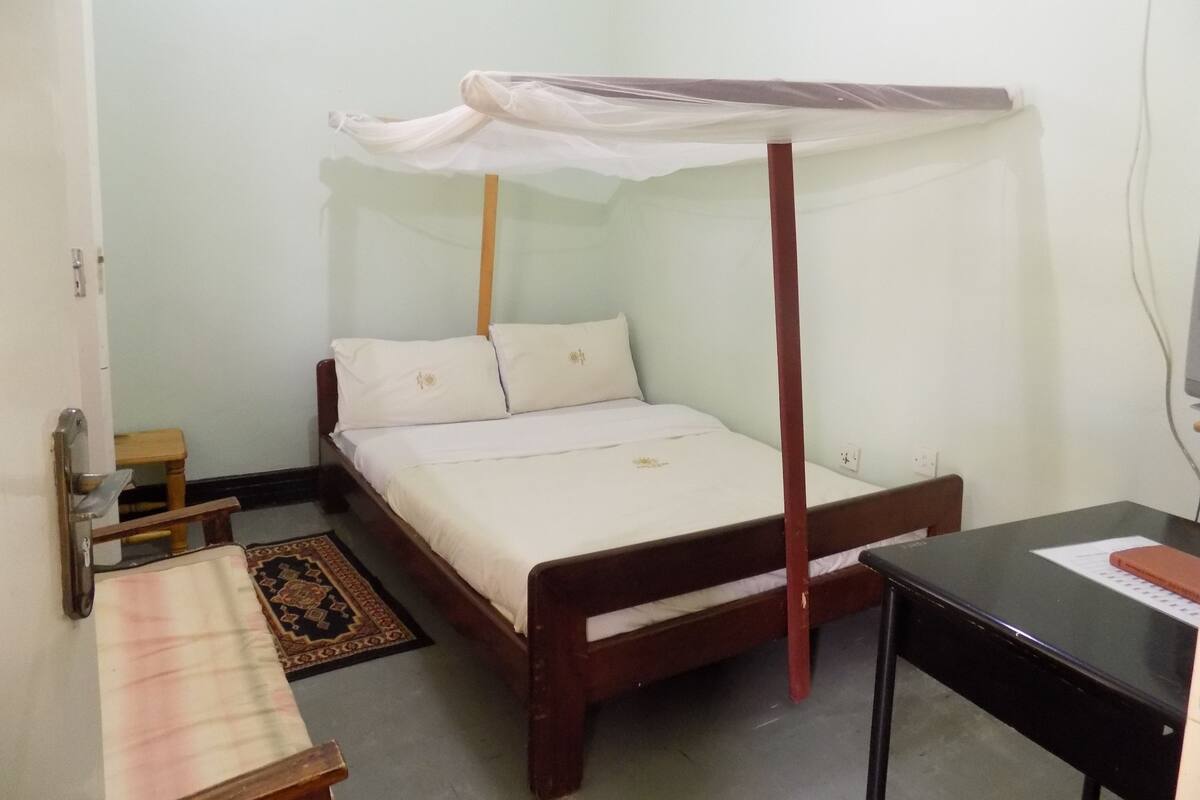 A single bed with a canopy, a small wooden table, a chair, and a rug.