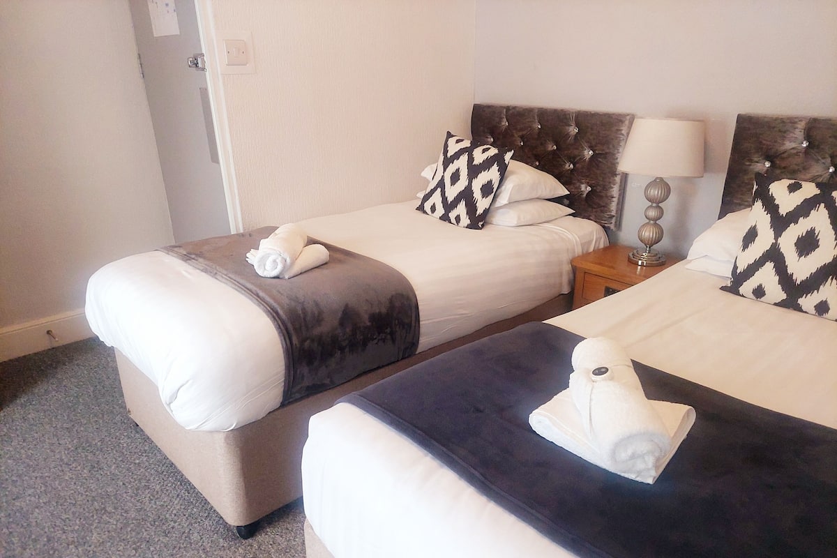 Two single beds with headboards, a bedside table with a lamp, and a carpeted floor.