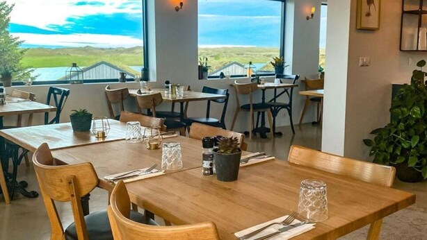 Un comedor con mesas y sillas de madera, plantas en macetas y vistas del paisaje a través de amplios ventanales.