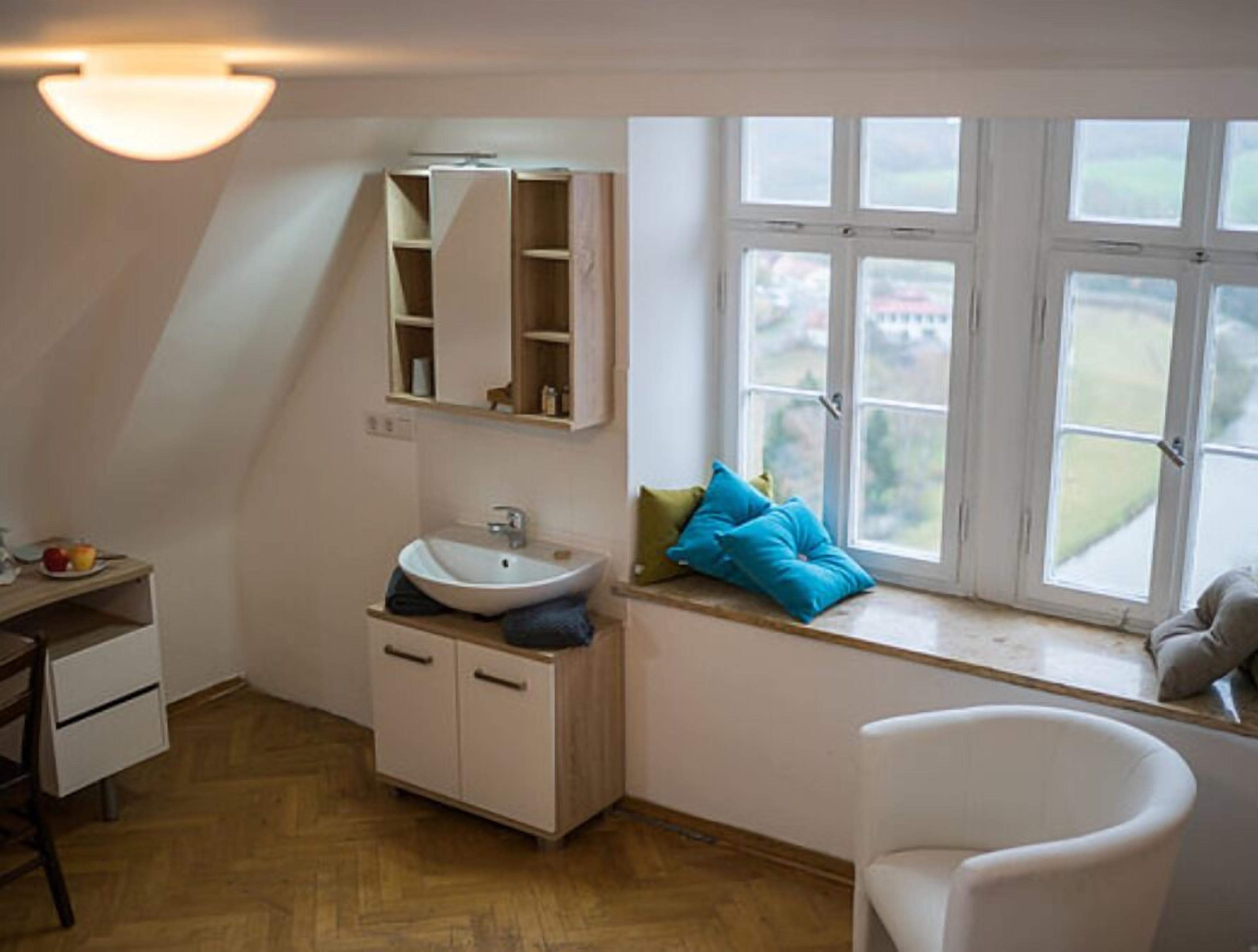A bathroom with a white sink, a mirror, and a window with a view of the outdoors.