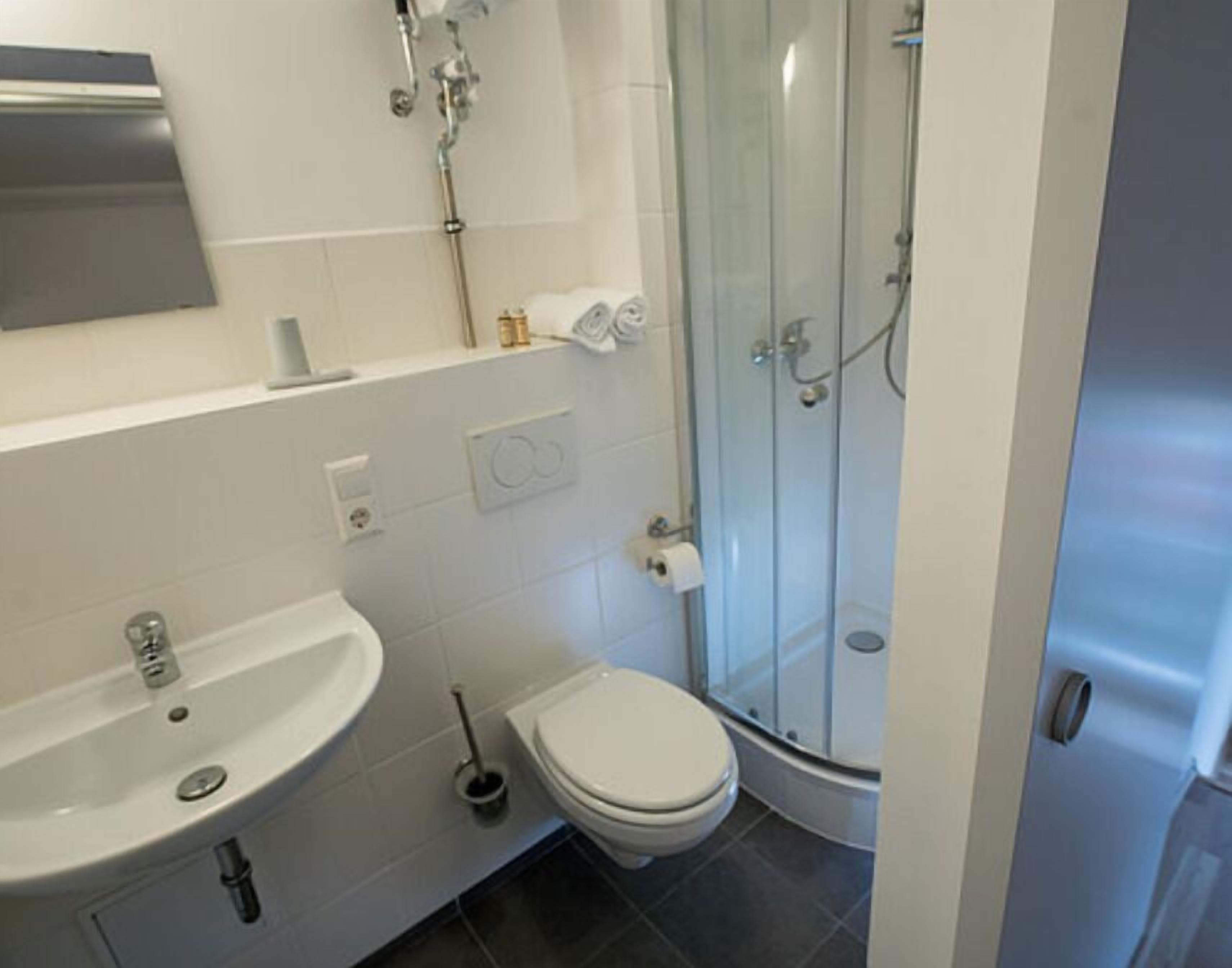 A modern bathroom with a glass shower enclosure, a white sink, and a toilet.