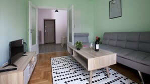 Un salon avec un canapé gris, une table basse en bois sur laquelle se trouvent une bouteille et un verre, un téléviseur posé sur un meuble en bois, et un tapis à pois.