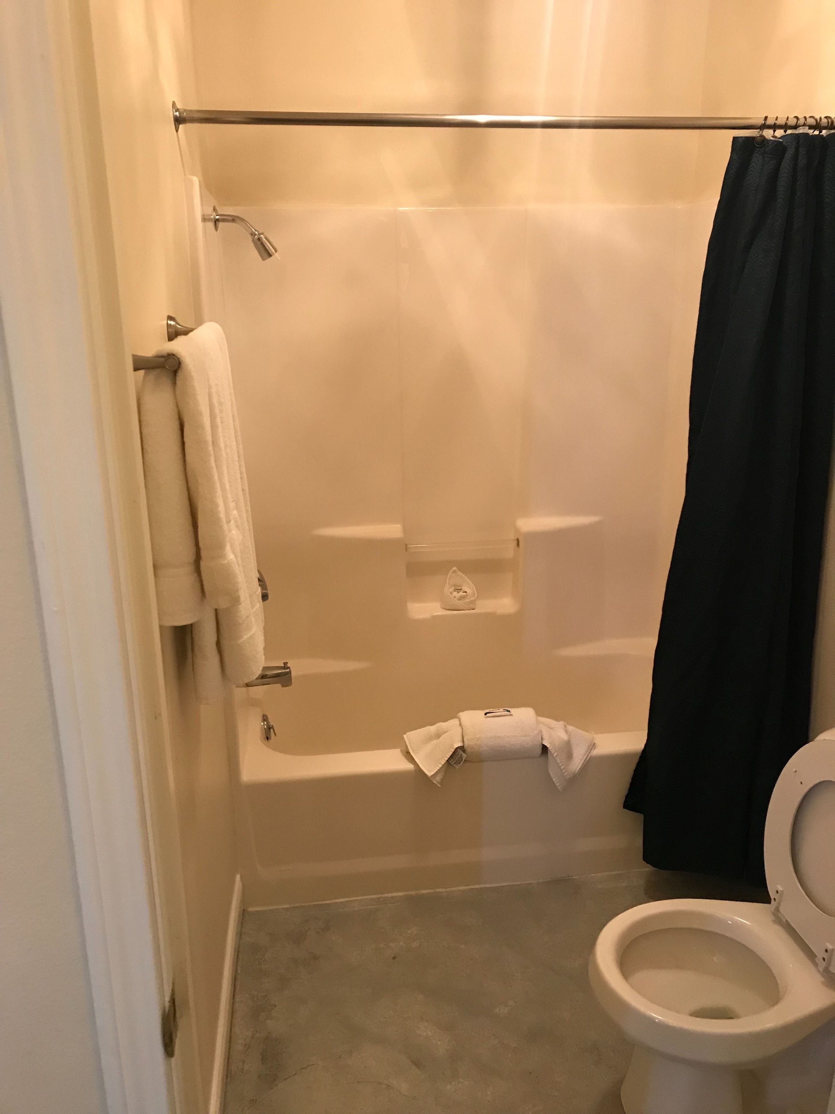 A bathroom with a bathtub, a toilet, and a shower curtain.