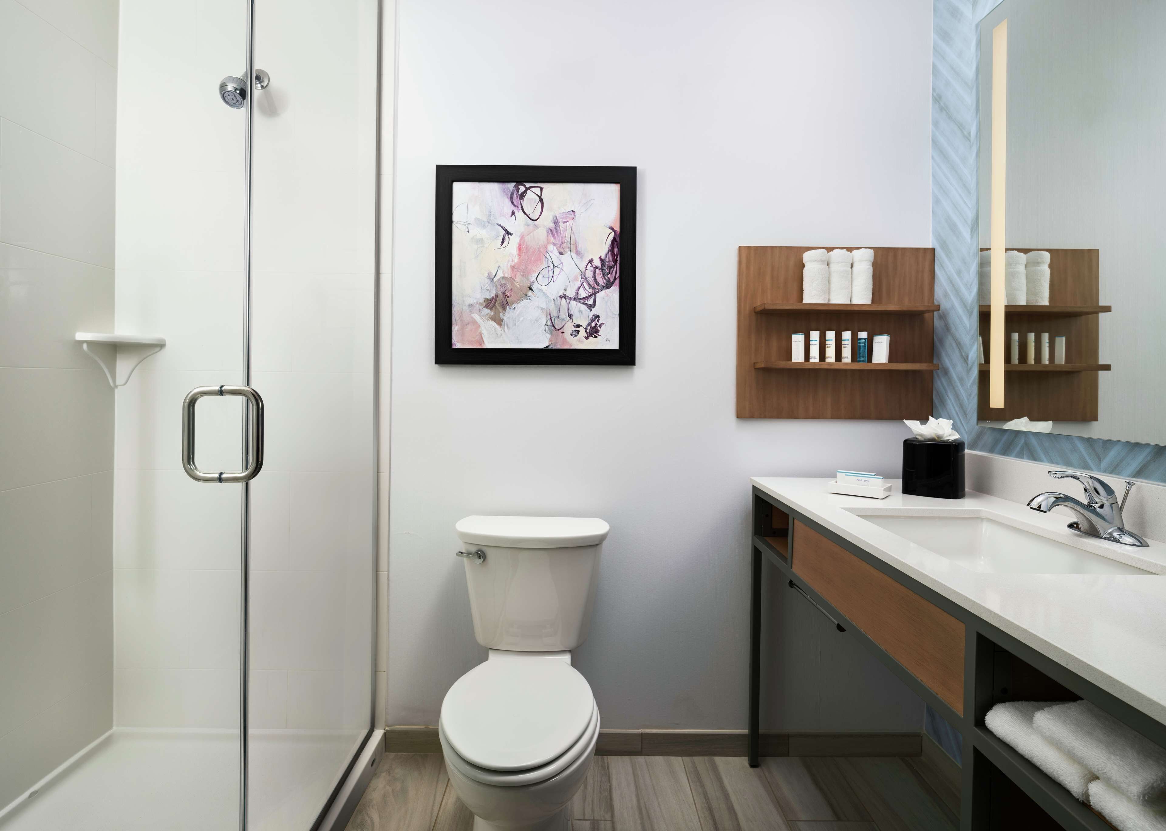 combined shower/bathtub, free toiletries, hair dryer, towels