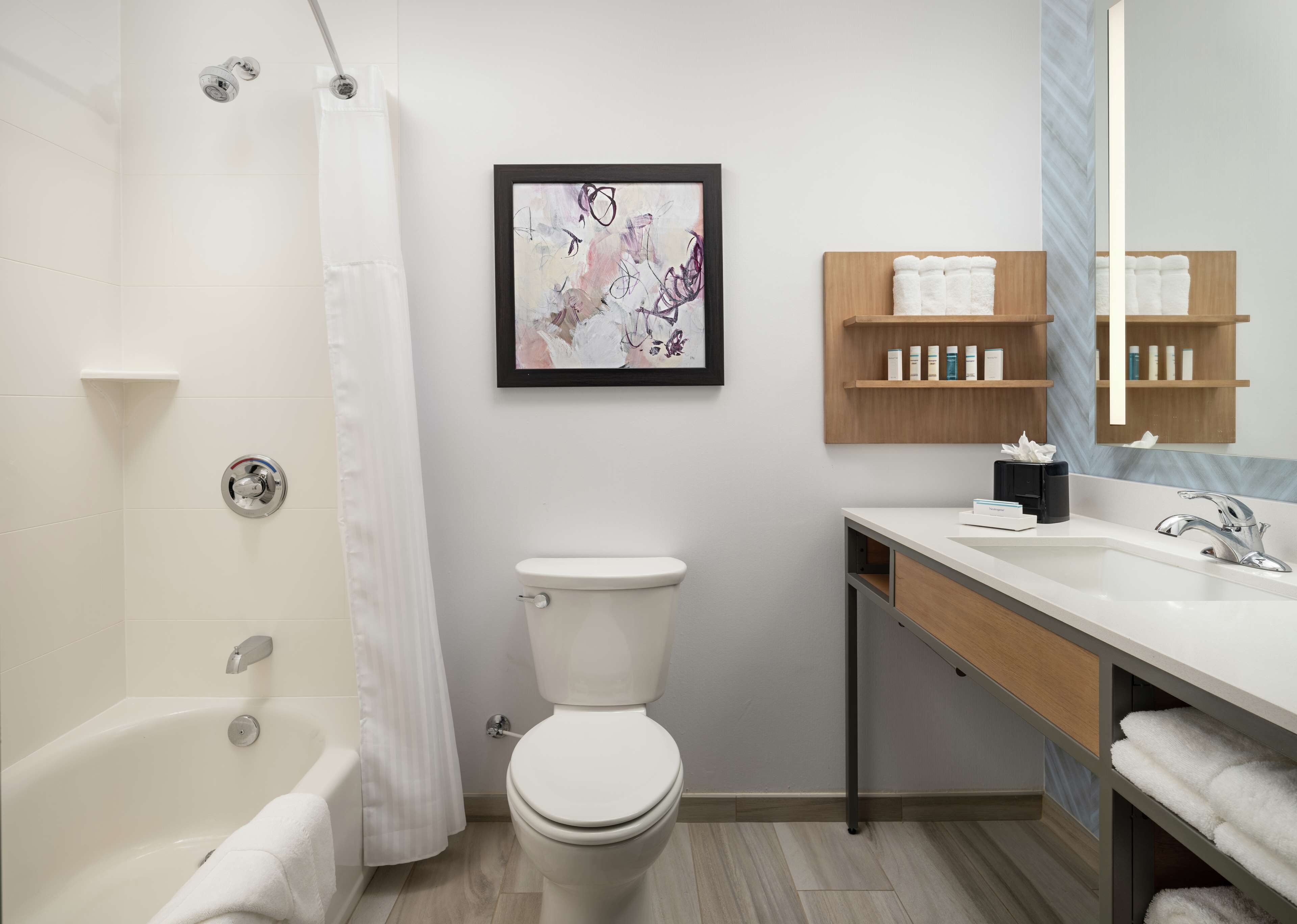 combined shower/bathtub, free toiletries, hair dryer, towels