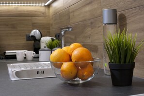 Estúdio | Cozinha privada | Geladeira, fogão, máquina de café expresso, cafeteira/chaleira