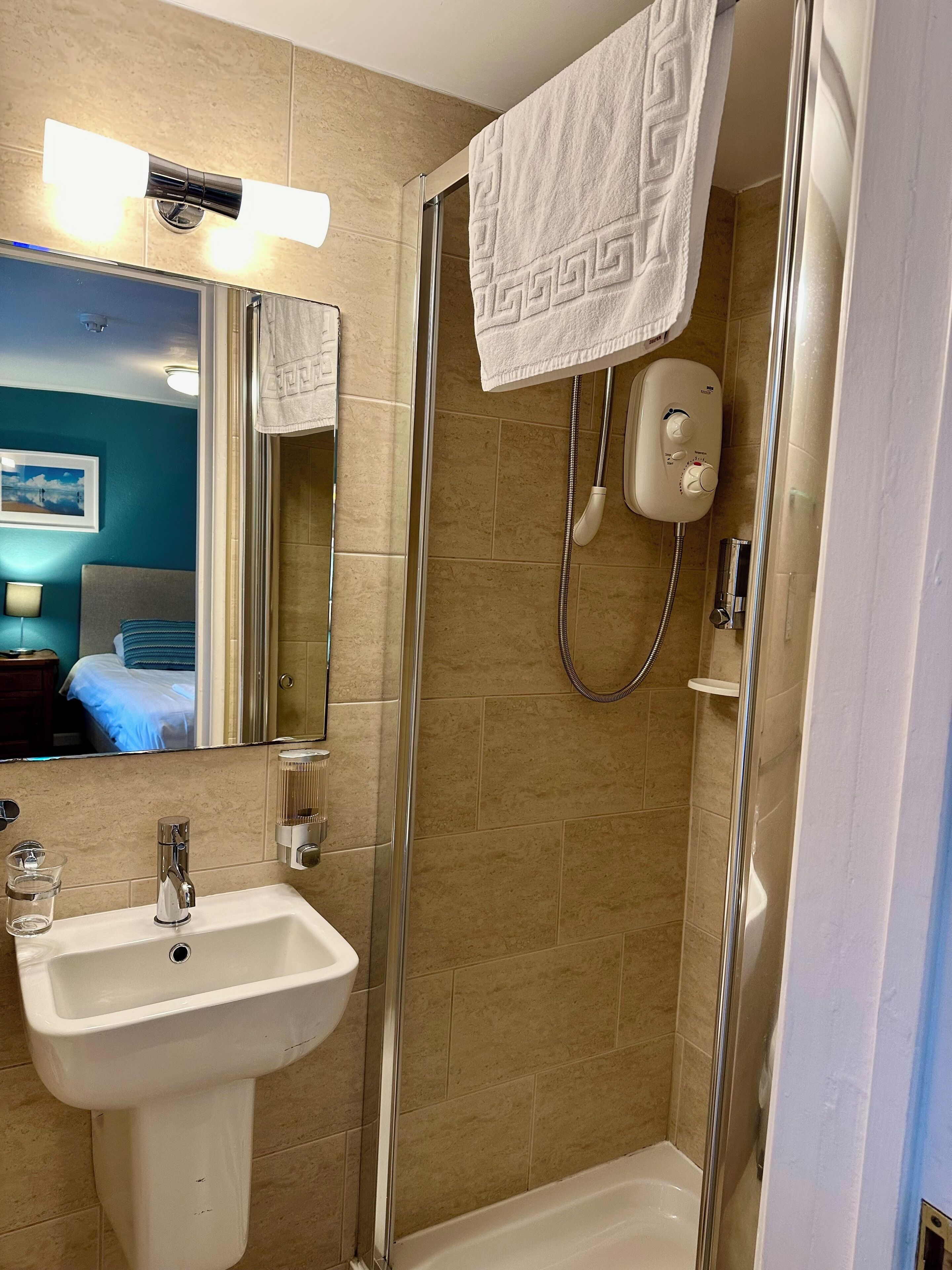 hair dryer, towels, soap, shampoo