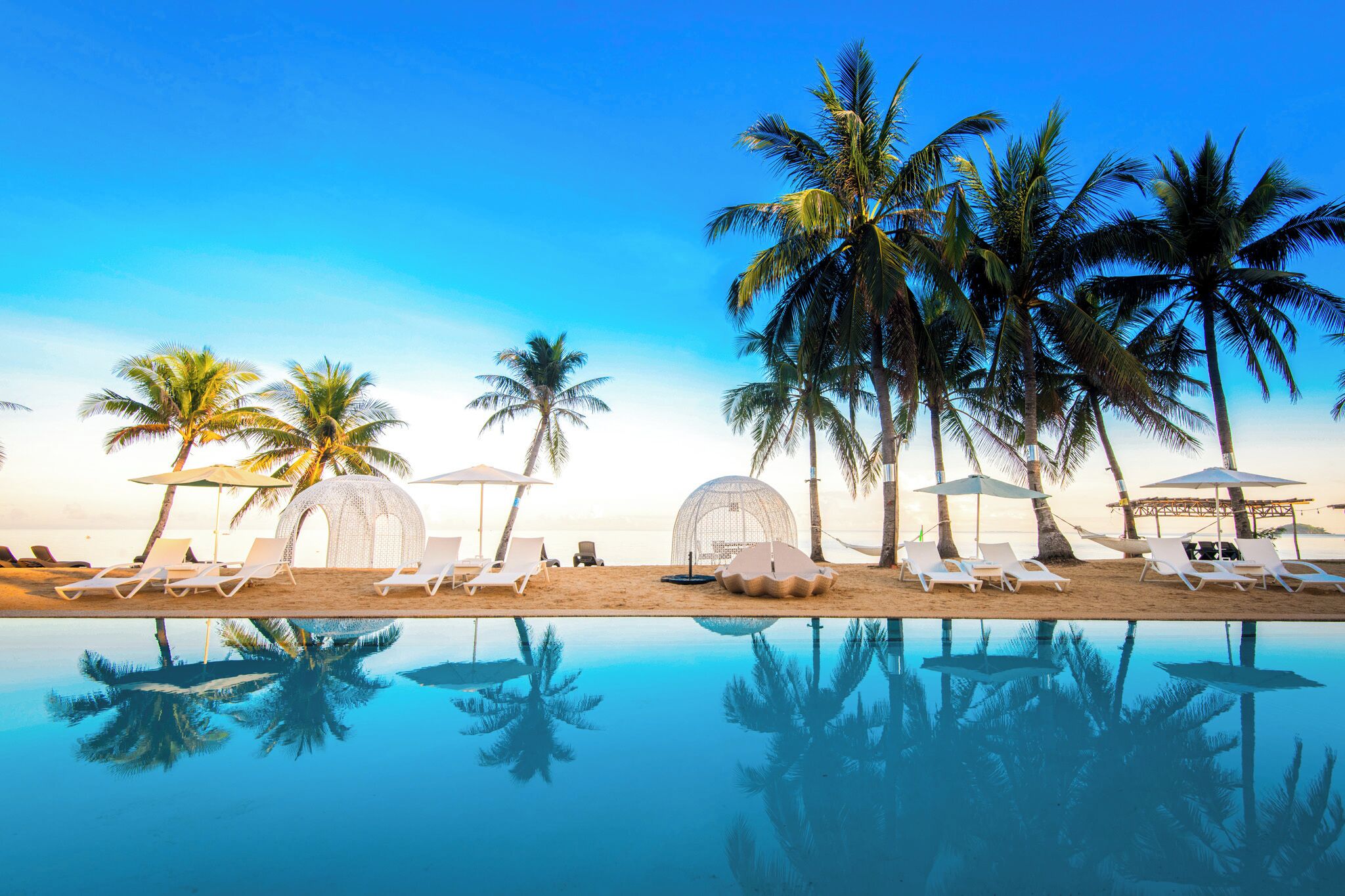 Une piscine située au bord de la plage, avec des chaises longues, des parasols et des palmiers.