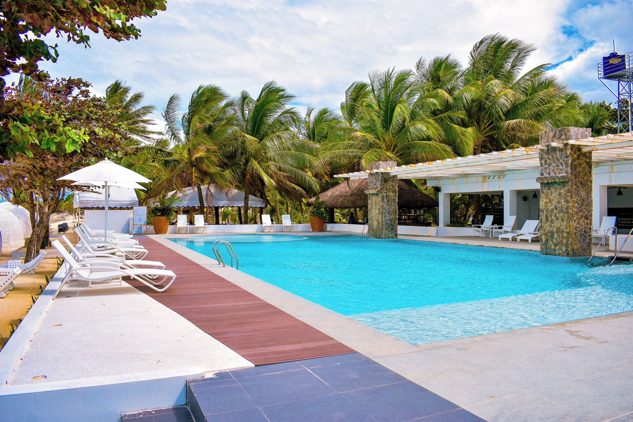 Piscina con sillas de descanso, palmeras y una zona cubierta.