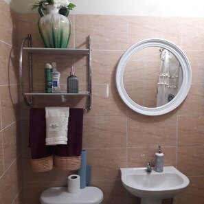Rainfall showerhead, hair dryer, slippers, towels