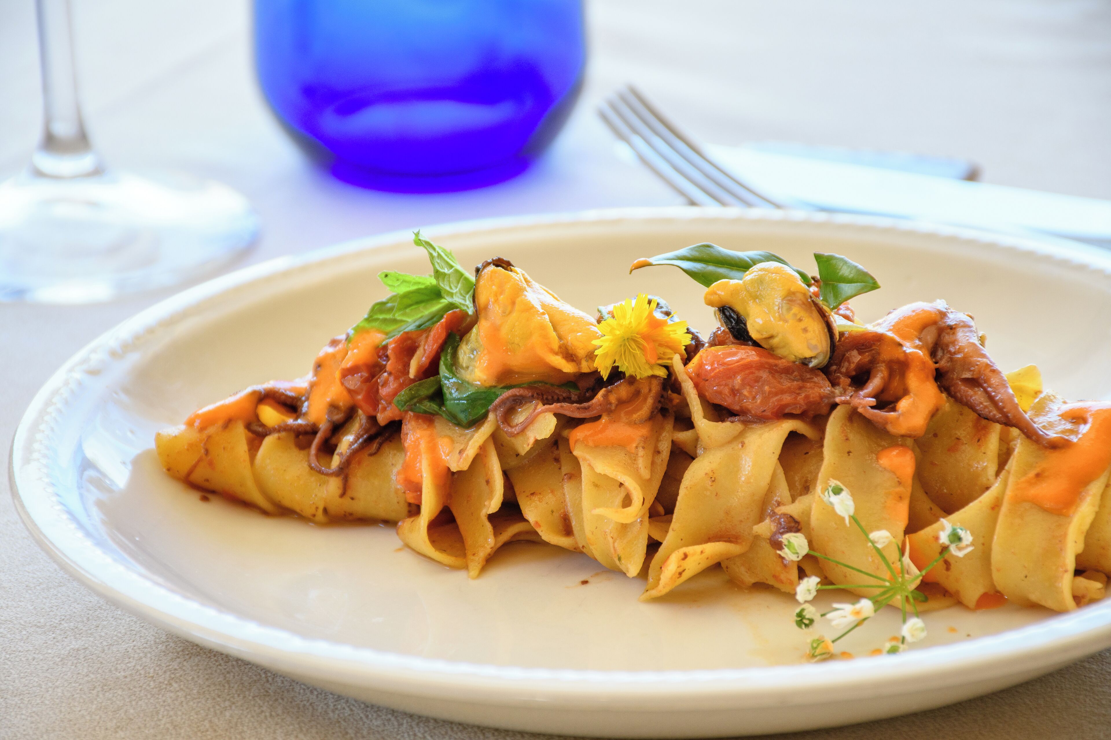 A plate of pasta with a tomato-based sauce, garnished with basil leaves.