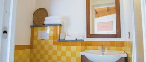 A bathroom with a wooden ceiling, a sink, a bidet, and a mirror.