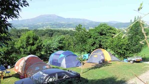 Un camping con varias tiendas de campaña y un coche aparcado cerca.