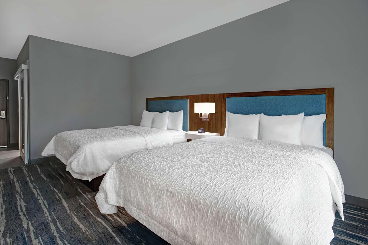Une chambre d'hôtel avec deux lits, une tête de lit bleue, une table de chevet avec une lampe et une moquette à rayures.