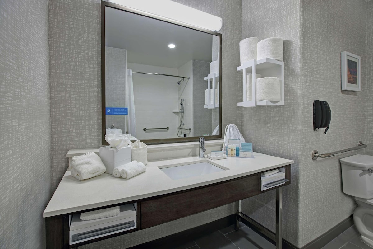 Une salle de bain d’hôtel équipée d’un double lavabo, d’un grand miroir, de distributeurs de serviettes et de toilettes.