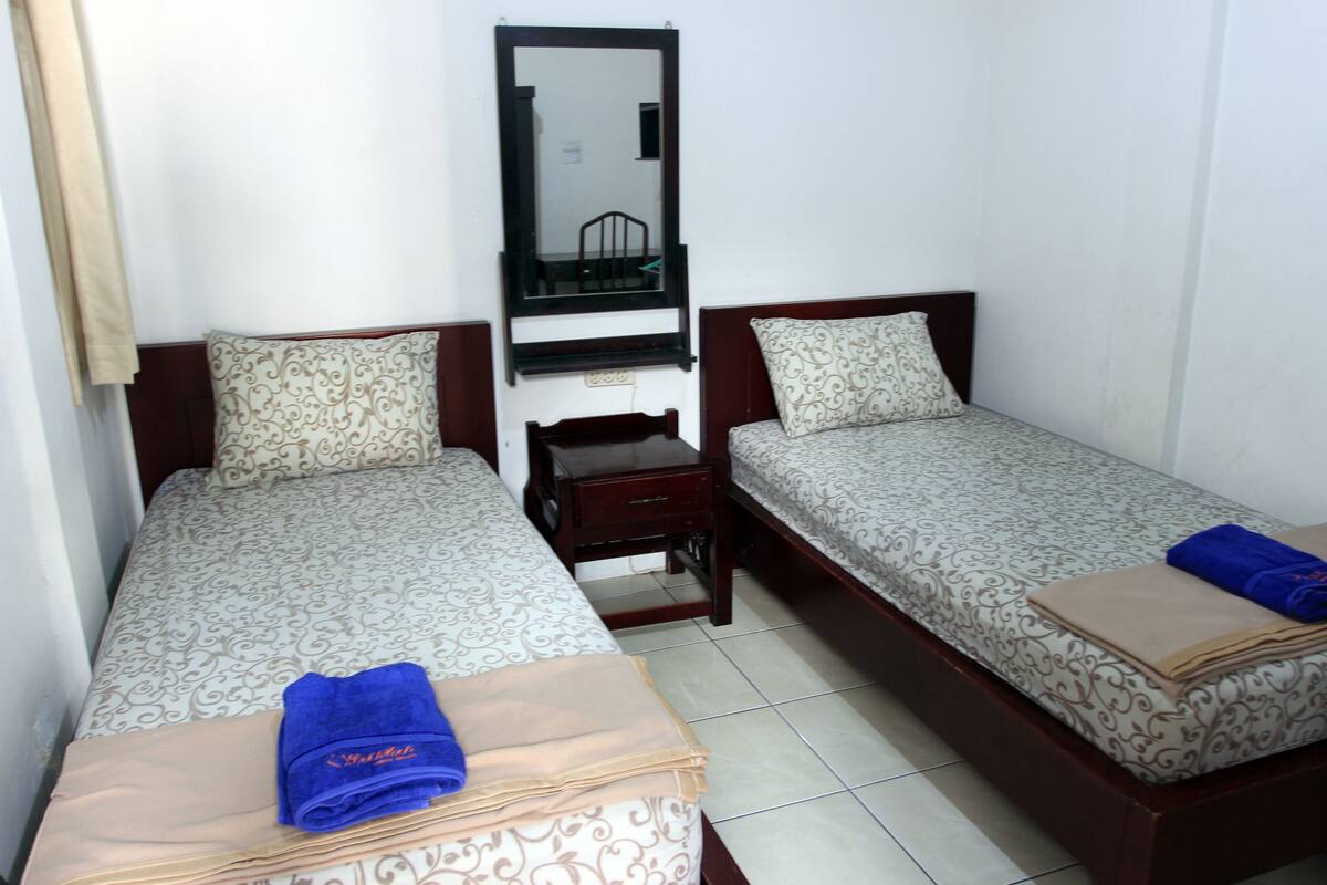 A room with two single beds, a wooden nightstand, a mirror, and a small table.