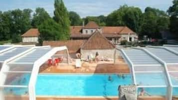 Seasonal outdoor pool, pool umbrellas, pool loungers