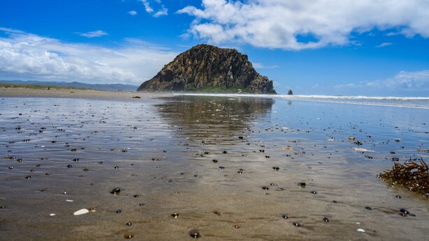 A beach with a rocky outcrop in the distance, clear skies, and calm water. - Beach cottages, majestic Morro Bay (Morro Bay)
