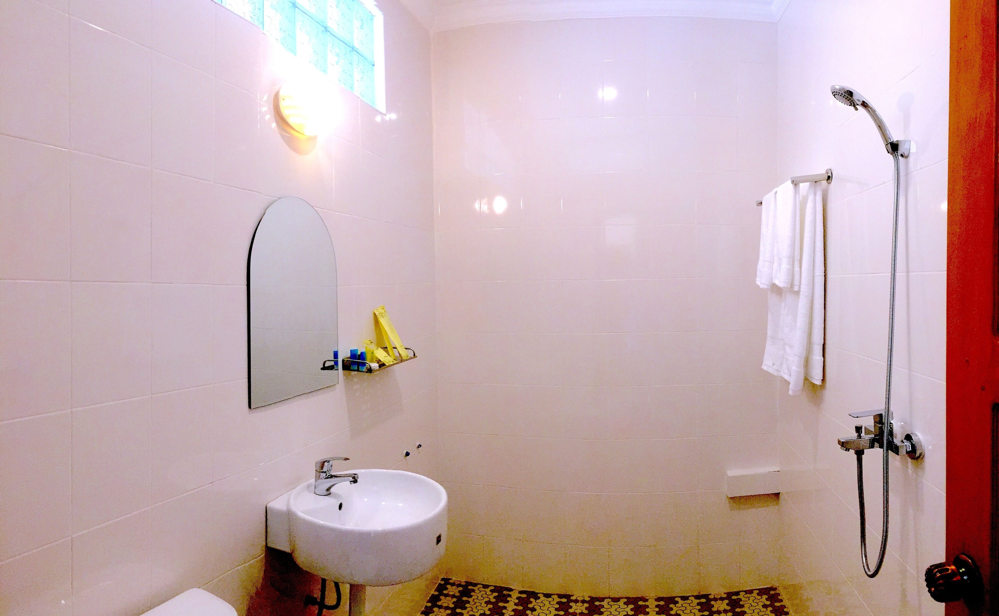 Un baño con lavamanos blanco, espejo, ducha con cabezal de ducha manual y toallero.