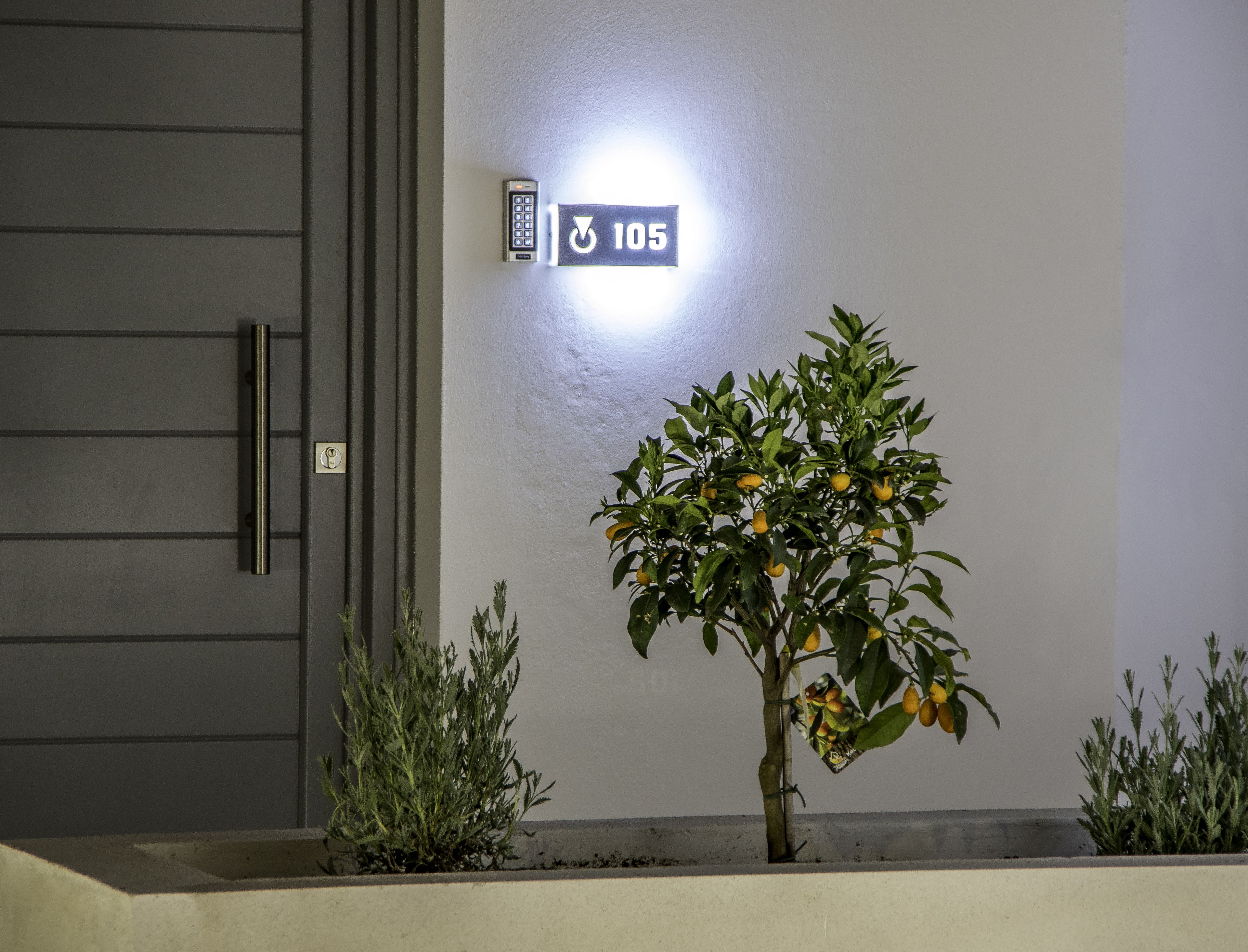 Una entrada de edificio moderna con un teclado para la puerta, un cartel que indica la habitación número 105 y un pequeño árbol con frutos amarillos.
