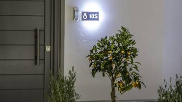 Una entrada de edificio moderna con un teclado para la puerta, un cartel que indica la habitación número 105 y un pequeño árbol con frutos amarillos.