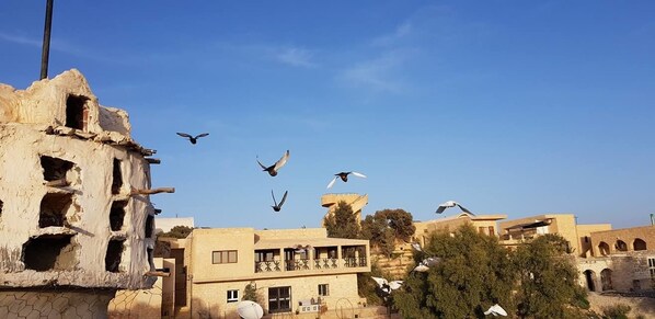 A building with multiple levels and balconies, surrounded by trees and other structures. - Dar Ayed Tamezret (Matmata)