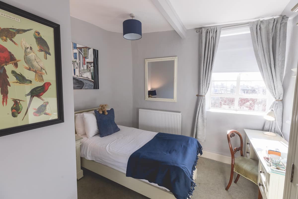 Une chambre à coucher comprenant un lit, un bureau, une chaise, une fenêtre avec des rideaux, un radiateur, un miroir et un tableau encadré représentant des oiseaux, accroché au mur.