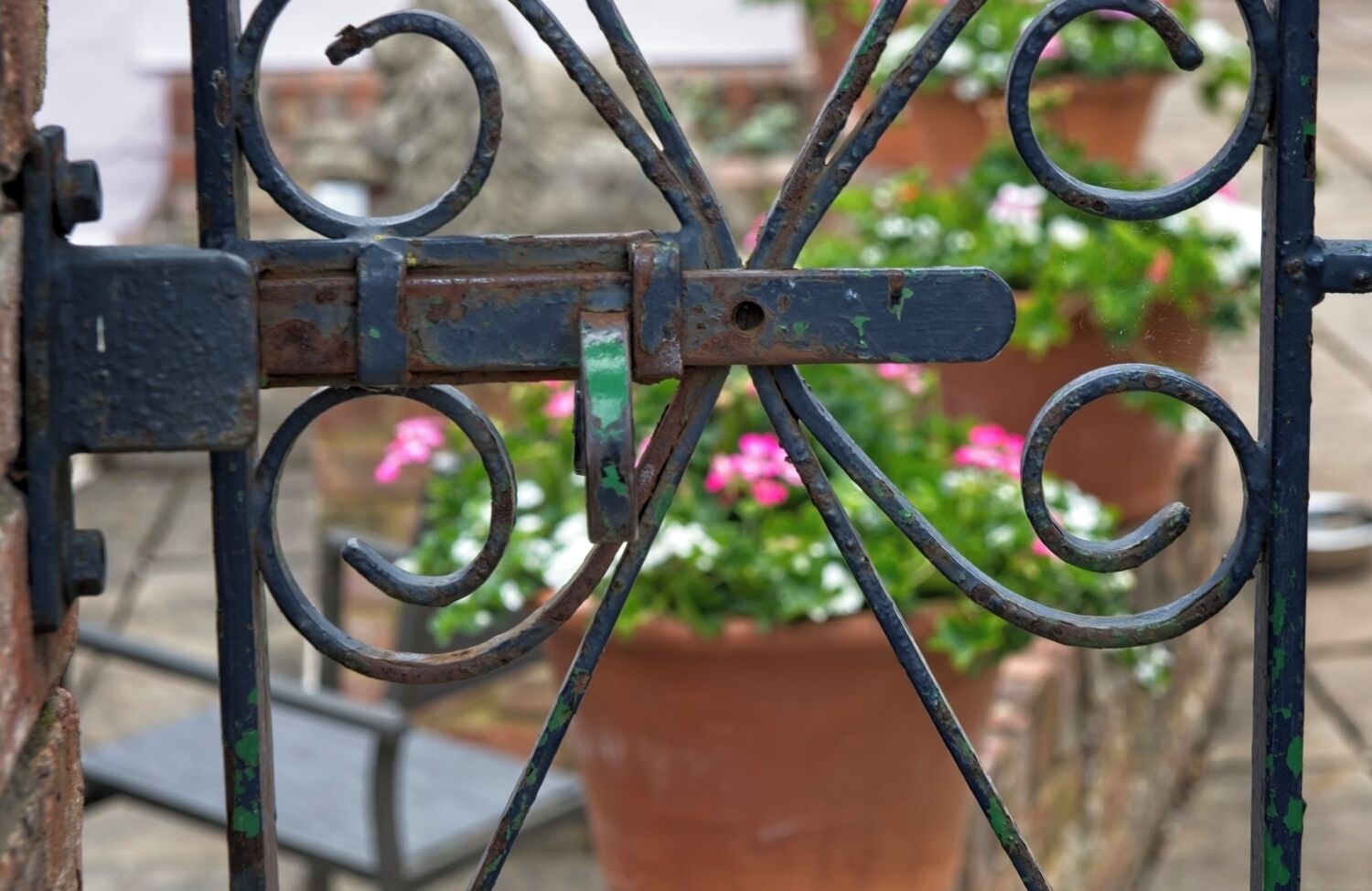 Una reja de hierro forjado con un diseño decorativo, frente a un fondo de macetas con plantas y flores.