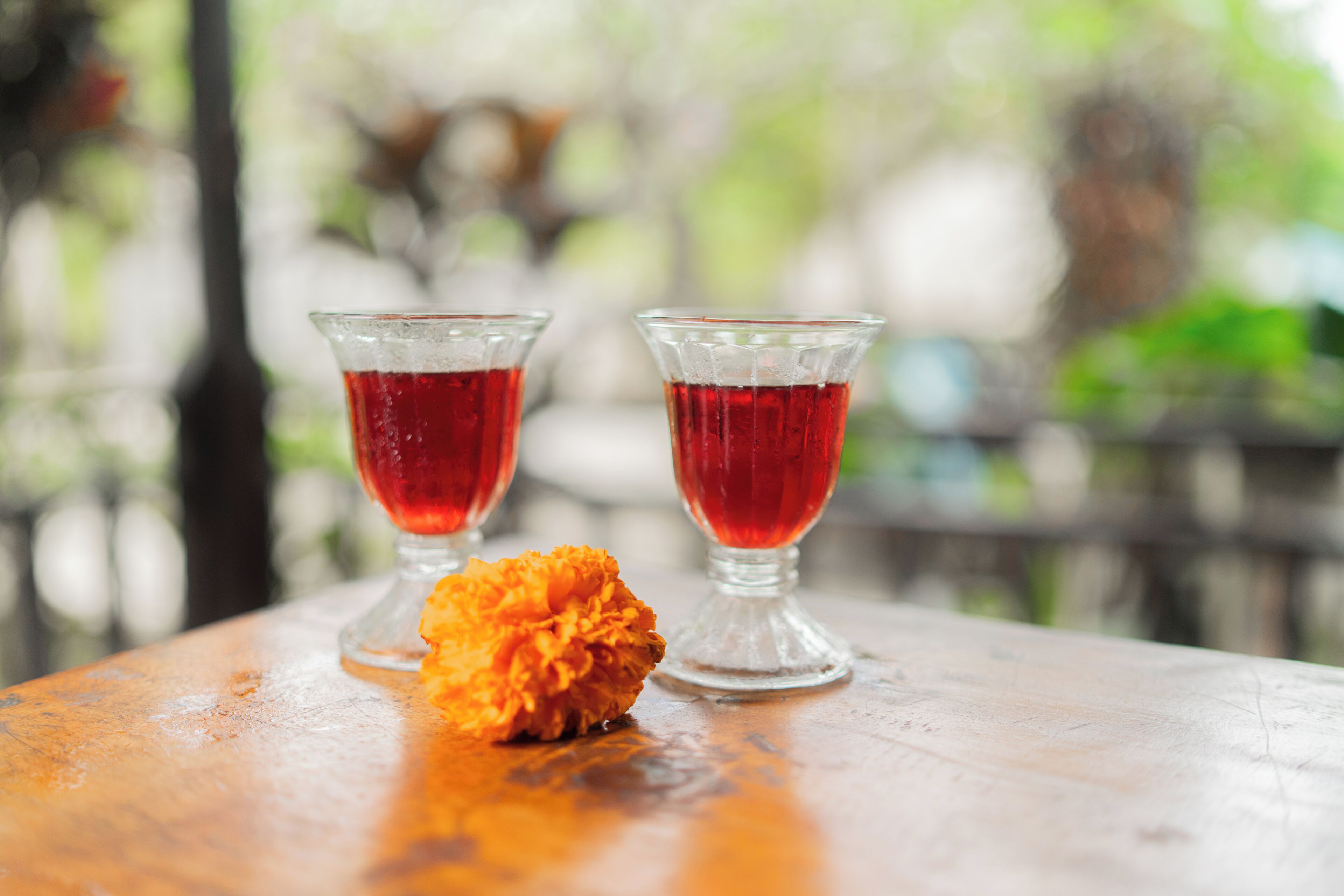 Duas taças de bebida vermelha sobre uma mesa de madeira com uma única flor de laranja.