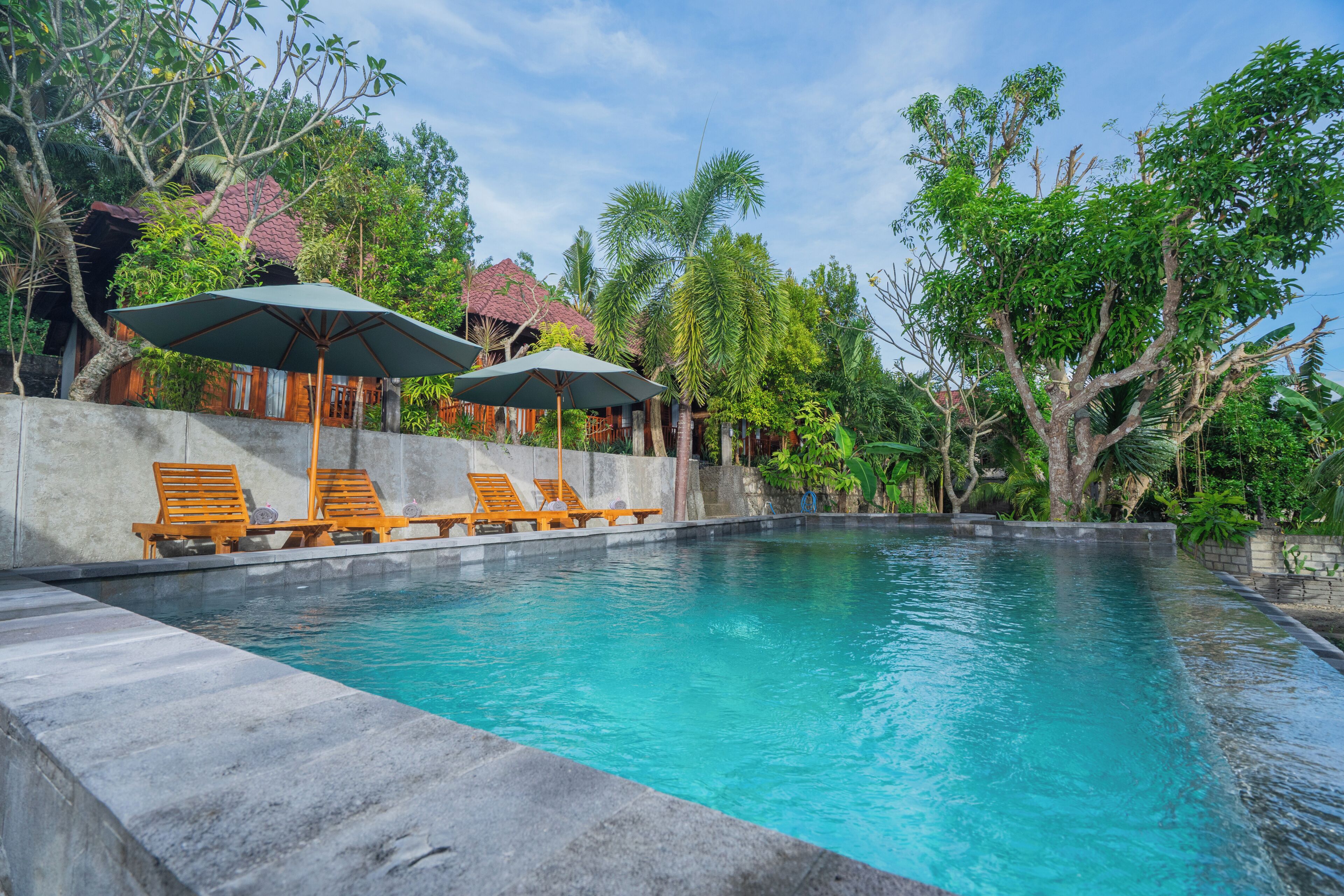 A swimming pool with lounge chairs and umbrellas, surrounded by lush greenery and a clear sky.